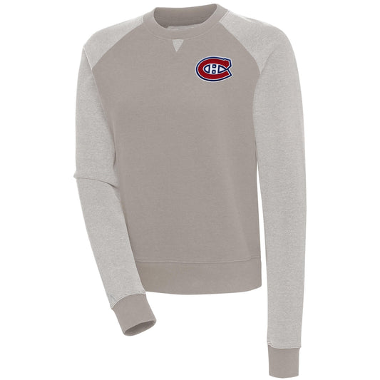 Women's Antigua  Oatmeal/White Montreal Canadiens Flier Bunker Pullover Sweatshirt